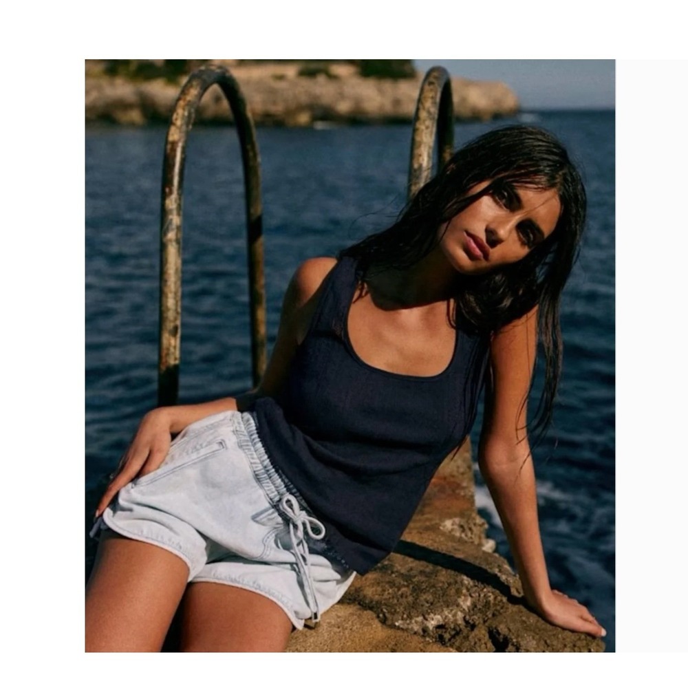Sezane Juan Top Navy Blue Pointelle Organic Cotton Tank Square Neck Size M